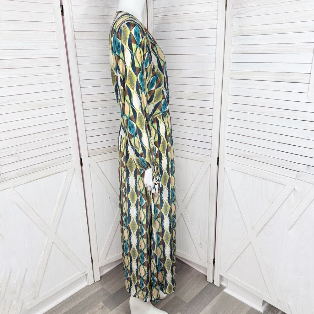 Zara Geometric Print Sateen Maxi Dress Green Blue Tan‎ Long Sleeve Small - Picture 4 of 13